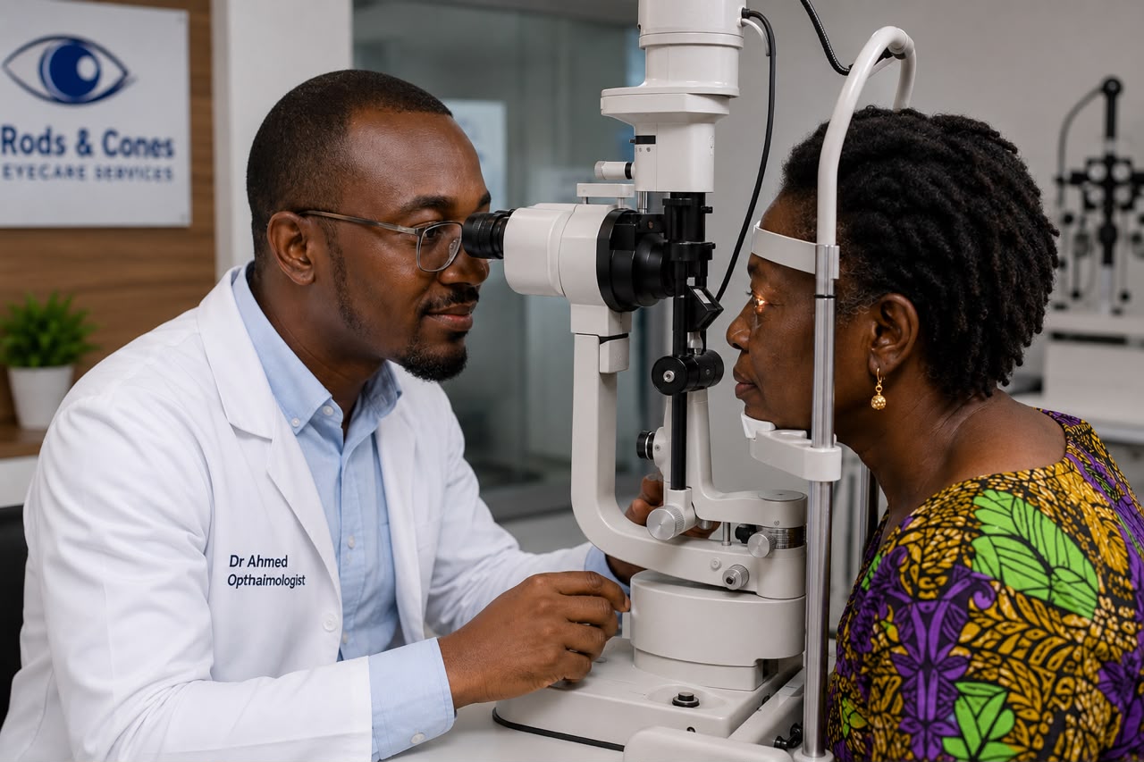 Eye doctor screening a patient's eyes during a comprehensive examination to diagnose cataracts and other eye conditions.
